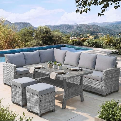 EVRE Mumbai 8 Seater Rattan Garden Furniture Set, Corner Sofa Dining Set with Dining Table & Waterproof Cushions, Outdoor Patio Furniture, Modular Garden Sofa Set with Stools, Grey