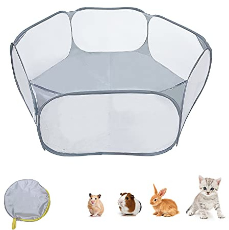 HACRAHO Parc de jeu pliable pour petit animal domestique avec sac de rangement, respirant, utilisation en intérieur/extérieur, clôture pour chaton, chiot, cochon d'Inde, lapins, hamster, gris