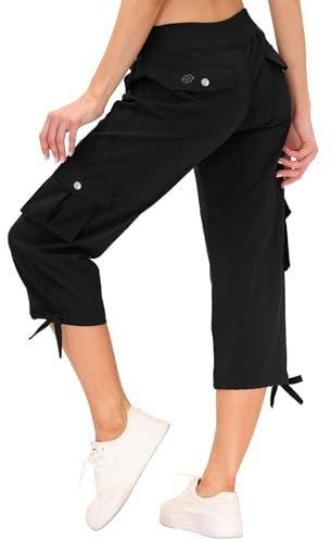 MoFiz Ladies Cropped Trousers Women Casual Pants Work Office Crop Capri Pants 3/4 Length Shorts Trousers Multi-Pockets Black Size M