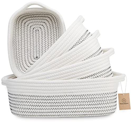 NaturalCozy 5-Piece Rectangle Storage Basket Set- Natural Cotton Rope Woven Baskets for Organizing! Small Basket for Montessori, Baby Nursery, Dog Toy Baskets, Cat Toy Box, Bathroom Organization Bin