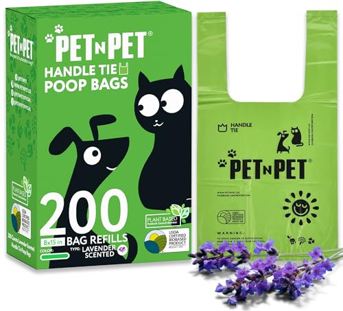 PET N PET Tie Handle Kotbeutel 200 Einheiten mit Lavendelduft | Hundekotbeutel mit leicht zu befestigenden Griffen | Katzenstreubeutel 8 x 15 Zoll