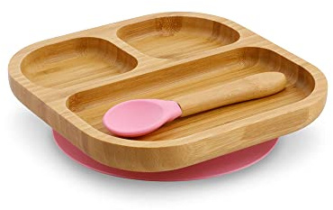 BIOZOYG Set di piatti in bambù quadrato I Piatto Ventosa con cucchiaio - Certificato FSC I Set di ciotole in legno Bambù Bambino - Piatto Bambino I Baby Stoviglie di Bambù Quadrato Rosa