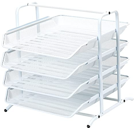 EasyPAG 4 Niveles Metal Malla Oficina A4 Escritorio Bandeja Documento Soporte Archivos Organizador Revistero Almacenamiento Papeles Clasificador Carta Estante Folios,Blanco