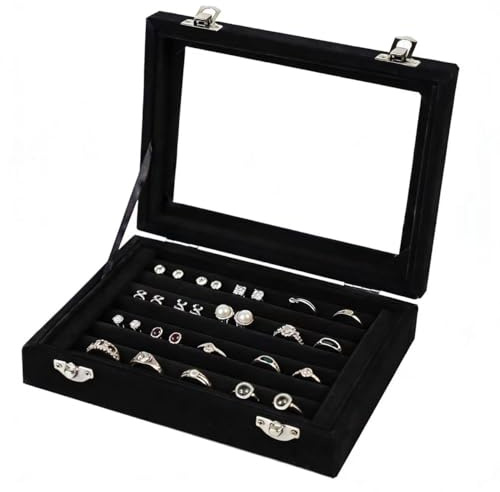 EONGOA Jewelry Box Rings Organizer Tray 7 Slots Velvet Jewelry Earring Storage Box With Transparent Lid Jewelry Display Case for Girls Women (Black)