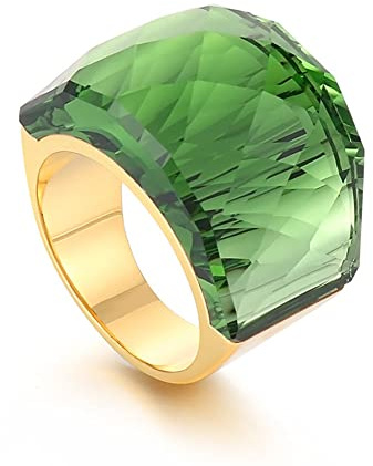 Crystal Glass Stainless Steel Band Ring Gold-Tone Plated Fashion Exaggerated Cubic Zirconia Rings Women's Stunning Large Statement Rhinestone Bands Cocktail Party for Ladies Birthday (Green,8)