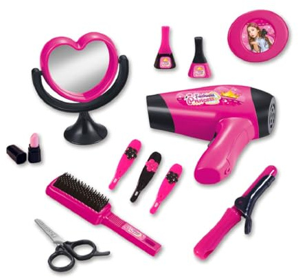 Baroni Toys Kit Parrucchiera Giocattolo per Bambina 12 Accessori, Gioco Set Acconciature Phon Specchio Spazzola Trucchi per Bambine, Set da Gioco Parrucchieri per Bambini 3 4 5 6 7 Anni