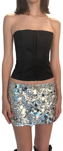ZZLBUF Women Shiny Sequin Mini Skirt Mid Waist Summer Casual Elastic A-line Skirt Pencil Skirt for Beaches Club Streetwear
