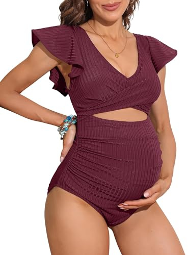 Charmo One Piece Maternity Swimwear Ruffle Sleeve Bathing Suits Wine-c XL