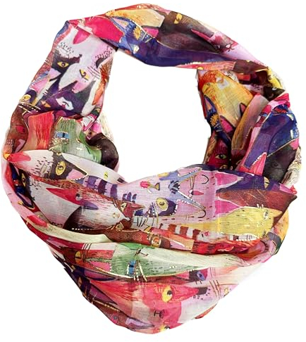 J26 Katze Fisch Cartoon Seide Sommer Loop Kätzchen Silk Stripes Regenbogen Rundschal (Pink Glitzer)