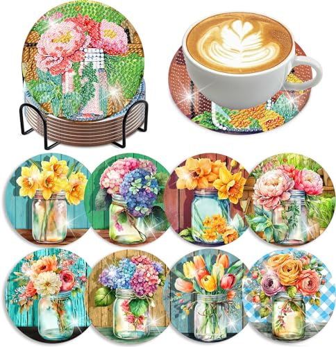 8 PCS Diamond Art Coasters-Flowers Diamond Painting Coasters Kits with Holder,DIY Flowers Diamonds Art Coaster Kit for Beginners Adults Craft Supplies Gift(Flower)