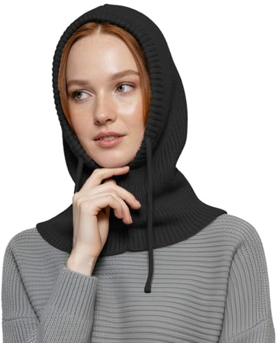 Basic Sense Knitted Hooded Hat for Women Men | Warm Winter Thermal Balaclava Neck Warmer Beanie with Drawstring, Black