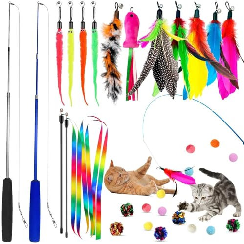 VISLANTE Interaktives Katzenspielzeug, 30 Stück Katzen Spielzeug mit Federn, 2 STK Versenkbare Katzenangel mit Ersatzfedern Zauberstab Katzenball Katzenspielzeug Set Federspielzeug für Kitten Katzen