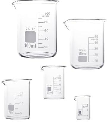 LATRAT 5 st. graderade mätbägare glas, bägare, burosilikatglas bägare för laboratorieglas värmebeständigt laboratoriemätbägare glas, 5 ml 10 ml 25 ml 50 ml 100 ml set