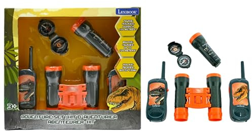 Lexibook, Dinosaurio, Set de Aventurero para Niños, Walkie-Talkies 120m, Binoculares, Brújula, Linterna, Gris/Naranja, RPTW12DINO