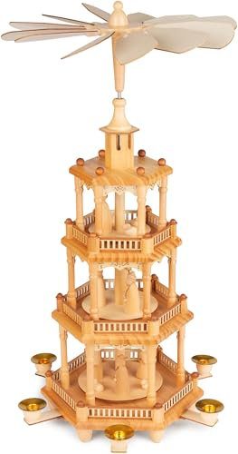 BRUBAKER Weihnachtspyramide aus Holz - 55 cm große Holzpyramide für Weihnachten - drehbare Tischpyramide mit weihnachtlichen Holzfiguren - Handbemalt - Weihnachtsdeko - Braun Natur