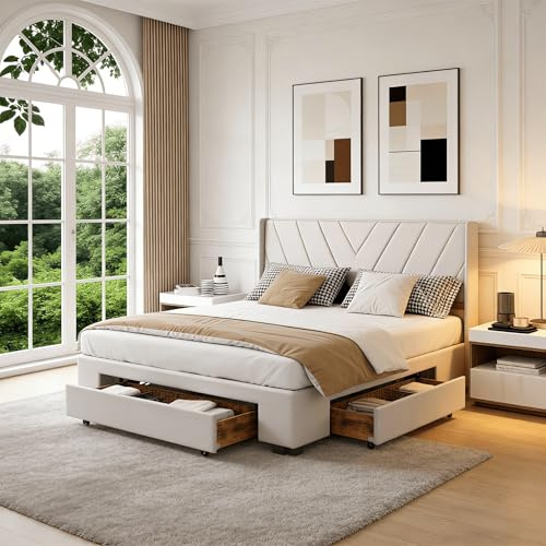 BRILVERDE Lit Double 160x200cm avec 3 tiroirs en Bois Massif, lit Adulte avec sommier à Lattes, lit tapissé avec rangements, Linge Beige Confortable