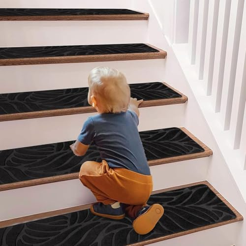 FERNVALE 15PCS Stair Pads 65x20cm – Anti Slip Stair Treads, Non Slip Stair Treads, Reusable Carpet Stair Mats with Fabric Surface & Non-Slip Backing (Black)