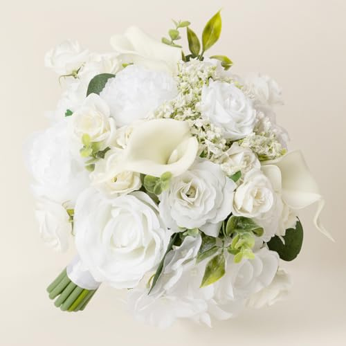 Sousi 9‘’ White Artificial Wedding Bouquet - Peony, Rose & Calla Lily Bridal Bouquets for Bride Bridesmaids | Wedding Decorations, Fake Flower Bouquet for Ceremony/Reception