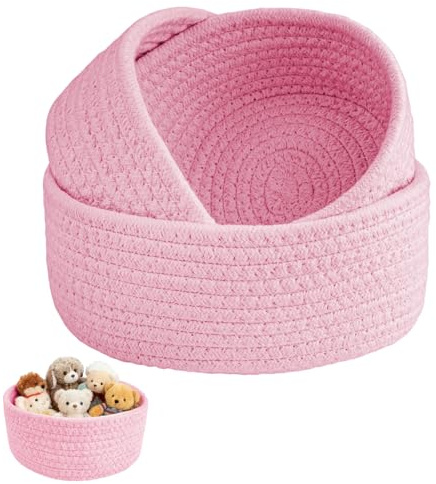 TXXATX 3 Pezzi Cestini Portaoggetti Bagno Corda di Cotone Cesto Portaoggetti Rosa Cestino Porta Oggetti Impilabili Contenitori Bagno per Camera da Letto Soggiorno Ripostiglio Decorazioni