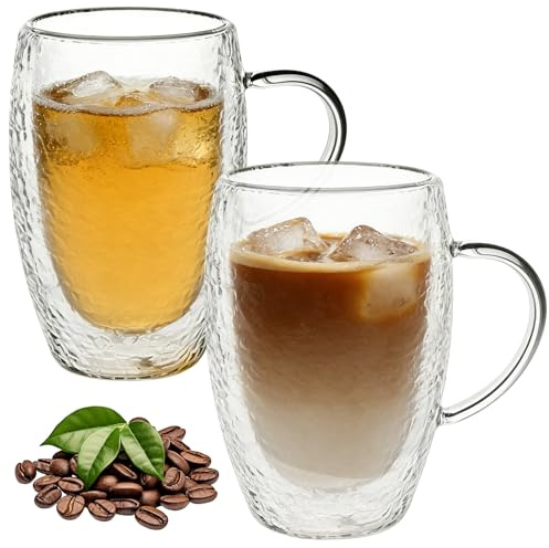 2 stycken dubbelväggiga latte macchiato-glas, 450 ml stora dubbelväggiga glas av borosilikatglas med handtag, kaffeglas för cappuccino, latte, is, iste, iced Americano, diskmaskinssäkra