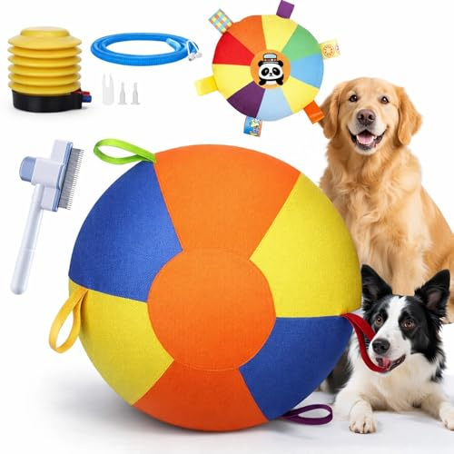 ELMVAR Calming Jumbo Ball For Dogs, 10/18/22 Giant Herding Ball With Handle Cover & Pump, Thickened Tear Inflatable Big Ball For Dogs & Horses Outdoor Play & Exercise (3 Color, 55cm/22in)