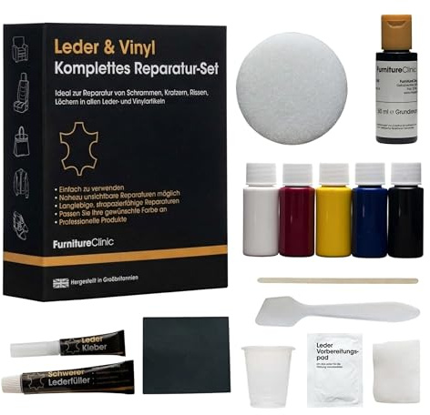 Furniture Clinic Kit completo de reparación de cuero (crema) | Para sofás, asientos de coche, muebles, sillas de cuero - parche, rellena y retoca arañazos, desgarros y otras zonas dañadas