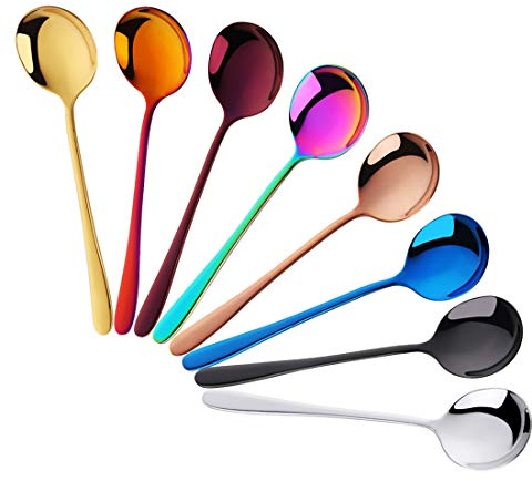 Buyer Star Cucchiai tondi grandi, Cucchiaio da pranzo 8 colori, Lucidato a specchio, Cucchiai da minestra zuppa in acciaio inossidabile