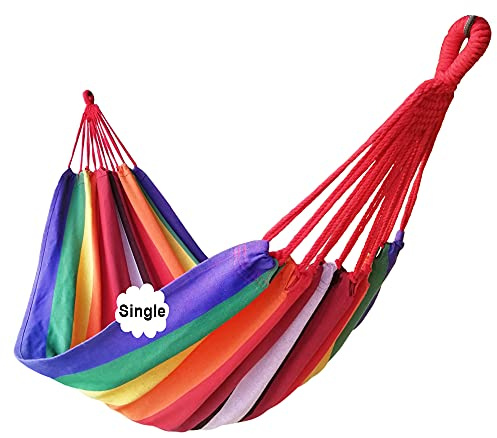 GOCAN Hamac brésilien Simple en Toile pour 1 Personne 200 x 100 cm Longueur Totale 310 cm Charge 250 kg Hamac en Coton pour terrasse, Porche, Jardin, Cour, extérieur et intérieur (Couleur complète)