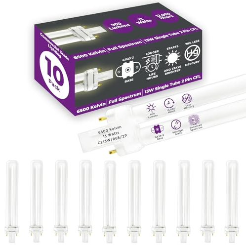 GoodBulb 13 Watt CFL Light Bulbs 2 Pin GX23 Base 6500K Full Spectrum 13W High Output 800 Lumens Single Tube Compact Fluorescent Light Bulbs Plug-in 10 Pack