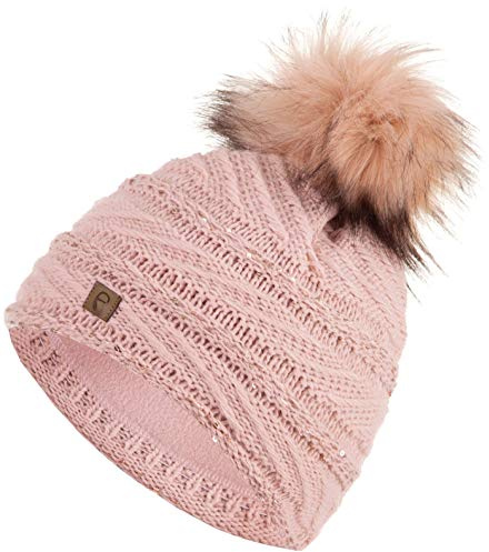 Faera Wintermütze Mütze Damen warm gefüttert mit Pailletten Kunstfell Bommel-Mütze Fleecefutter Winter Herbst Strickmütze Beanie Mädchen 62, Farbe:Rosa