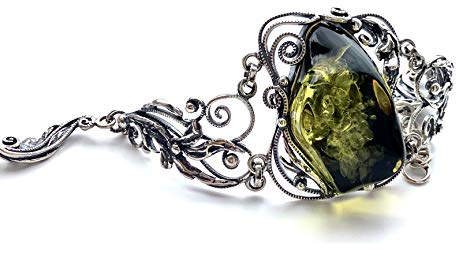 Pulsera única de ámbar verde en plata de ley 925, tamaño 17-20 cm; hecho a mano de ámbar báltico de plata de ley 925; brazalete para mujer, 17 centimeters, Piedra, Ámbar