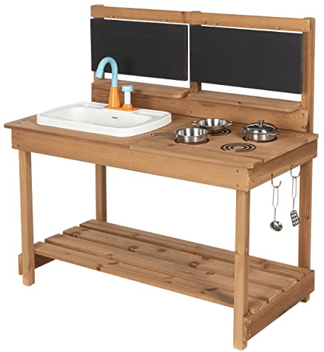 ONVAYA® Matschküche aus Holz | Braun | Outdoor Spielküche mit Waschbecken und schwarzer Tafel | Inklusive Stauraum in der Kinderküche für Draußen