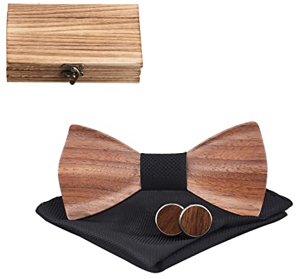 Mr.Van Papillon Legno Uomo Set di Papillon Fatto a Mano, Misura Regolabile(24-48cm), Stile Classico, Scatola di Legno (Inclusi Gemelli,Fazzoletto E Papillon) Per Feste Di Matrimonio