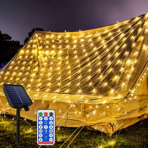 YRHome 6 x 4 m Red de luces solares para exteriores, luz solar para exteriores, blanco cálido, 8 modos, guirnalda solar IP44, con mando a distancia, cortina de luces para Navidad, bodas