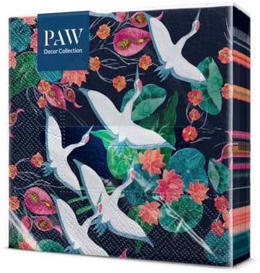 PAW - Servietten 3-lagig (33 x 33 cm) I 20 Stück I Perfekt für Geburtstage, Partys, Hochzeiten, Kommunion und Feiern I Tischdeko Bunte Papierservietten - Lilienteich Weiße Kraniche I White Cranes