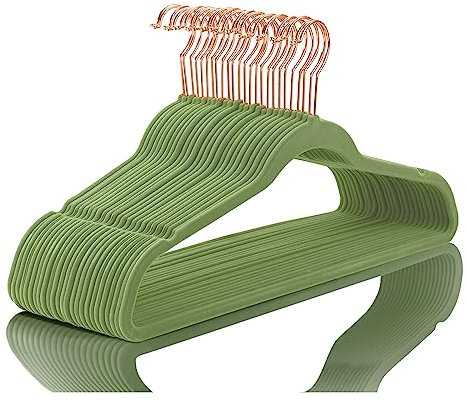 MIZGI Hochwertige Samt-Kleiderbügel (50 Stück), strapazierfähig, rutschfeste Filzbügel, Olivgrün, roségoldene Haken, platzsparende Kleiderbügel, langlebig, starke Kleiderbügel für Anzüge, Mäntel