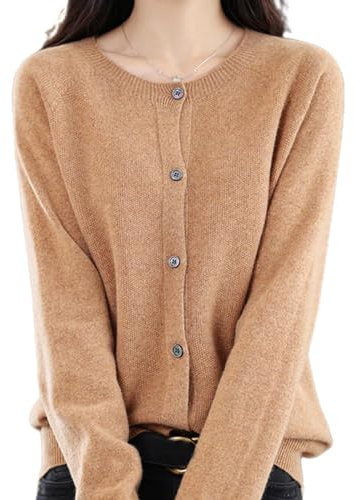 DJFOG Maglioni Cardigan in Cashmere per Donna, 2024 Cardigan in Cashmere con Bottoni Davanti Maniche Lunghe Morbido Caldo Maglia Elastica Maglioni (Cammello Dorato, M)