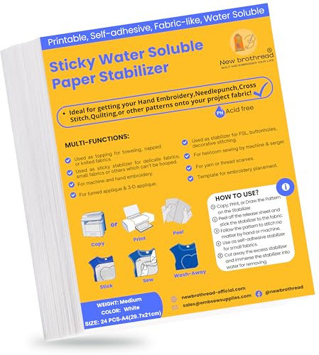 New brothread 24PCS A4 (29.7x21cm) Selbstklebende Wasserlösliche Stickvlies Bedruckbare Stickereipapier -Mittleres Gewich- zum Drucken oder Zeichnen von Mustern geeignet, Hand- und Maschinenstickerei