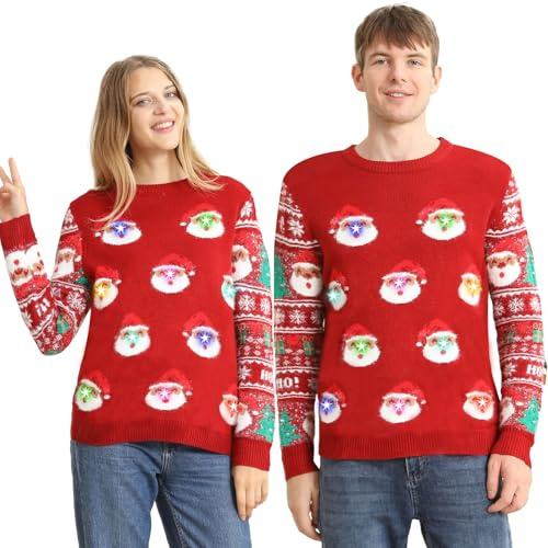 Kouric Jersey Navideño con Luces,Jersey Navideño Hombre/Mujer con Estampado de Papá Noel,Christmas Ugly Sweater,Suéter Navidad Divertido,Jerseys Navideños Feos,Jerseys Navidad Pareja-Rojo
