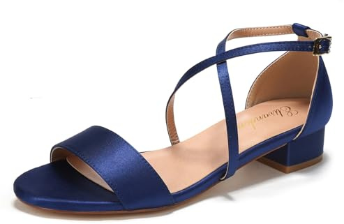 Elivandon J1584 Donna Satin Basso Tacco Serata Sandali Open Toe 3cm Blocco Tacco Satin Scarpe Serata Festa Nuziale Sposa Scarpe Matrimonio Colore Blu Scuro, Taglia 36 EU