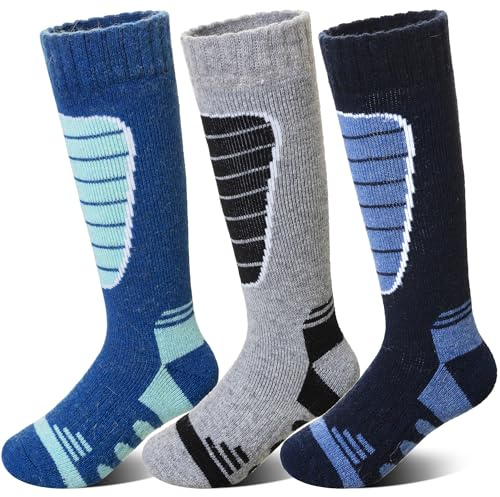 SeeyAN Kids Ski Socks Merino Wool Thermal Winter Socks Boys Girls Warm SnowBoarding Thick Skiing Socks 3 Pairs (Blue/Grey/Dark Blue, 8-12 Years)