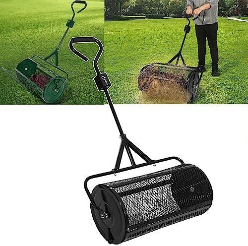 OJKJGY Esparcidor de estiércol de turba de 24 Pulgadas, Cesta de Malla metálica Resistente, esparcidor de abono, para Plantar, sembrar, cuidar el césped y el jardín, Caminar, Negro