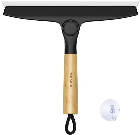 MR.SIGA Spatola in silicone multiuso per porta della doccia, specchio, vetro, spatola per doccia senza striature, manico girevole in bambù, include 1 gancio di aspirazione, nero, 1 confezione