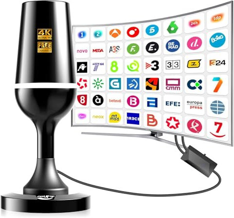Antena TV Interior Potente, Recepción 260KM Larga Distancia, Antena TV Exterior Portátil con Base Magnética/Amplificador, Soporte 4K 1080P, DVB-T2 VHF UHF VHF- Todos los Televisores