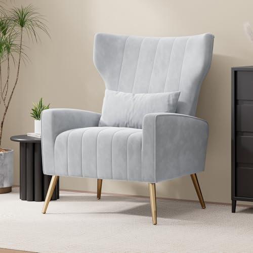 Hawthyhome Relaxsessel/Einzelsofa/Fernsehsessel/Ohrensessel mit Kopfkissen und Gold Metallfüßen aus Samt bis 130kg Schlafzimmer Wohnzimmer Gray