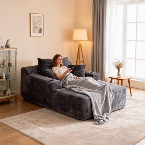 Heliomarent Chaise Lounge Chair Indoor, 67 Oversized Sofa Bed with Pillows No Assembly Required, Deep Seat Corduroy Boneless Sleeper Couch for Living Room Bedroom, Modern Reading Chair, Gray