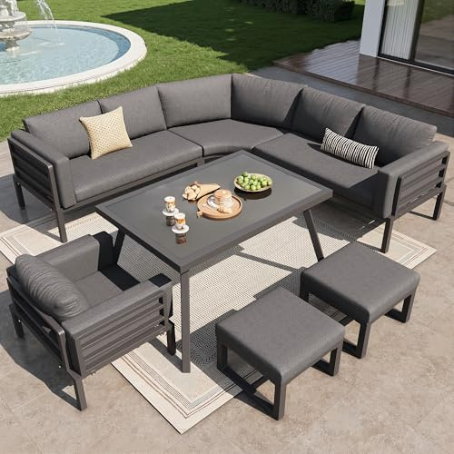 Ktipm Conjunto Jardin Exterior en Forma de Media Luna para 8 Personas, Muebles Jardin Exterior con Mesa y Cojín Blando, Sofa Modular con 2 Taburetes y Sillón, Garden Furniture, Gris