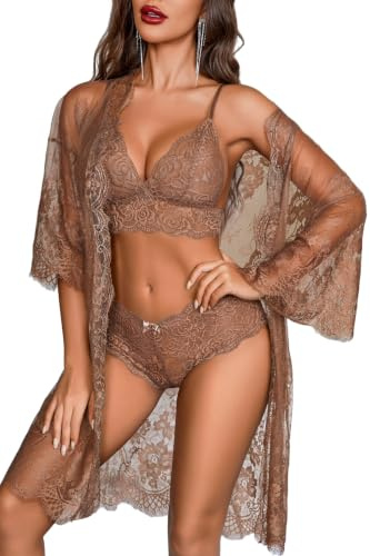 Avidlove Ensemble de Lingerie Sexy pour Femme 3 pièces Soutien-Gorge et Culotte avec Peignoir Kimono en Dentelle et Chemise de Nuit en Maille