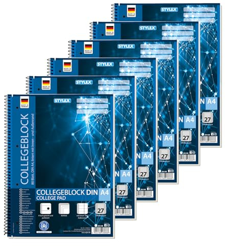 Stylex 43888-P6 - Collegeblock liniert, 6 Stück in DIN A4, je 80 Blatt mit 60 g/m² mit Spiralbindung
