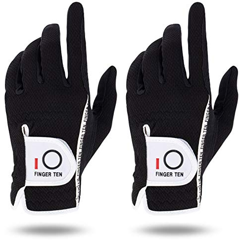 FINGER TEN Golf Gloves Men Left Hand Rain Grip Weathersof Value 2 Pack, Mens Golf Glove Wear Resistant Non Slip Color Black Flexible Durable (Black-2 Pack, M/L-Worn on Left Hand)